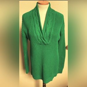 Lauren RL Kelly Green Cable Knit Trim Neck Sweater